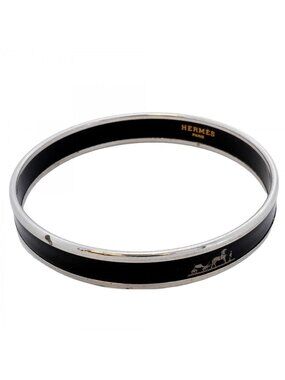 Hermes Bangle Enamel PM Metal Cloisonne Silver Black Cles Bracelet